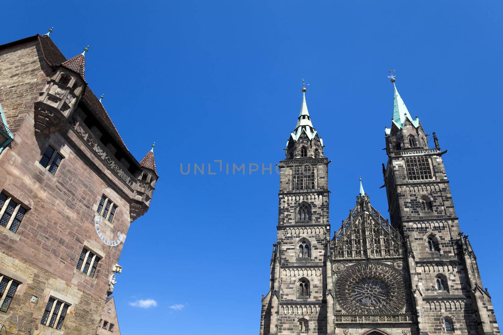 The Nassau House and St. Lorenz Church in Nuremberg (Nürnberg), Germany.