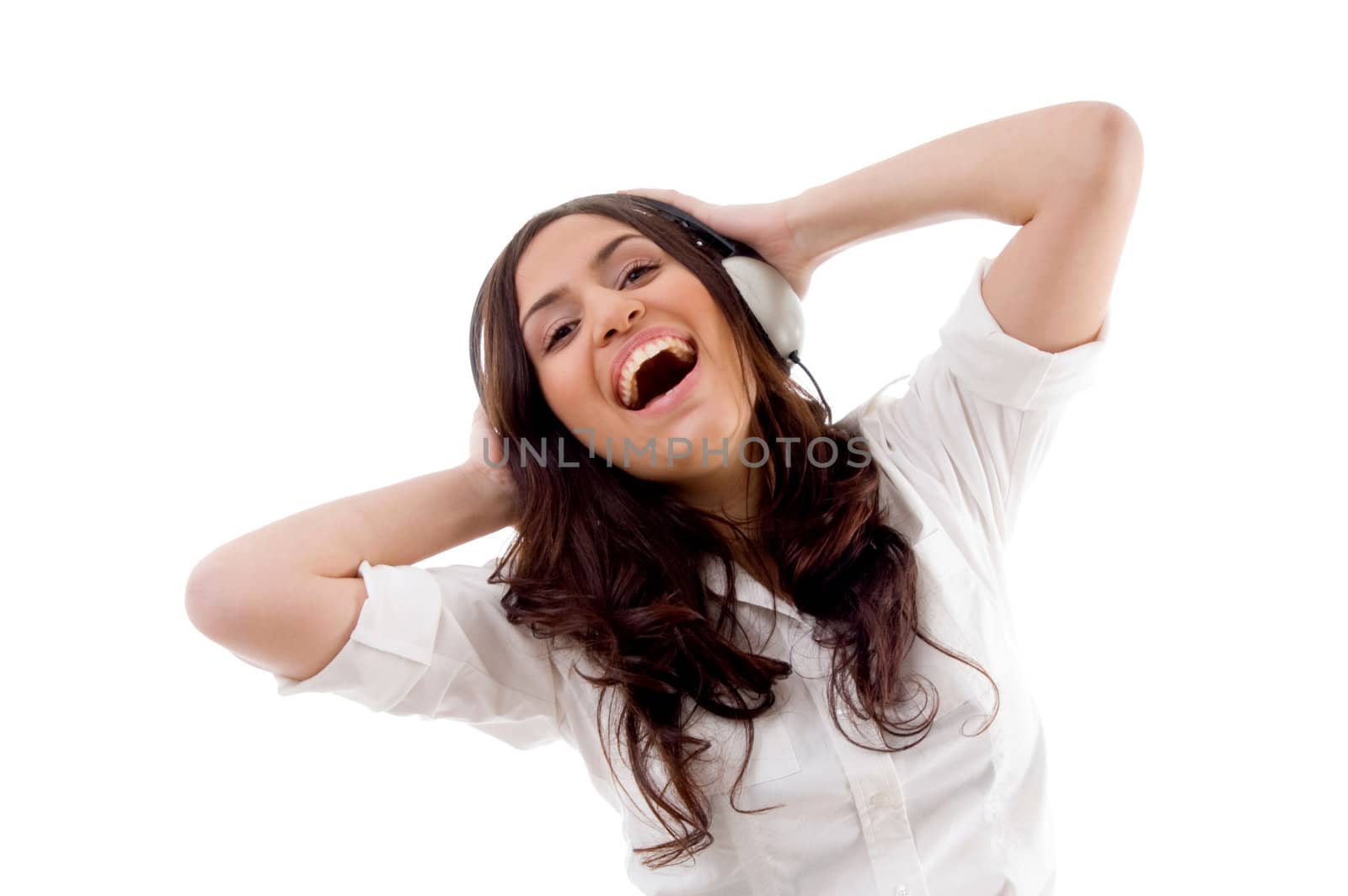 beautiful american woman with headphone on an isolated white background