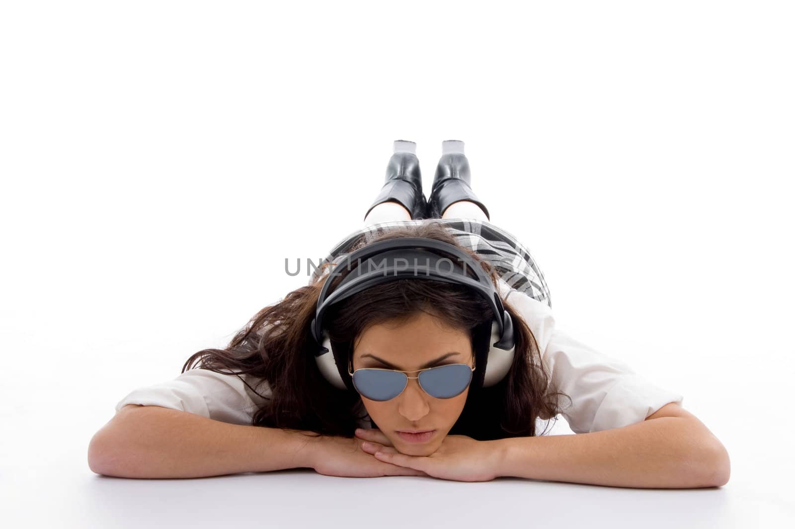 beautiful american woman with headphone on an isolated white background