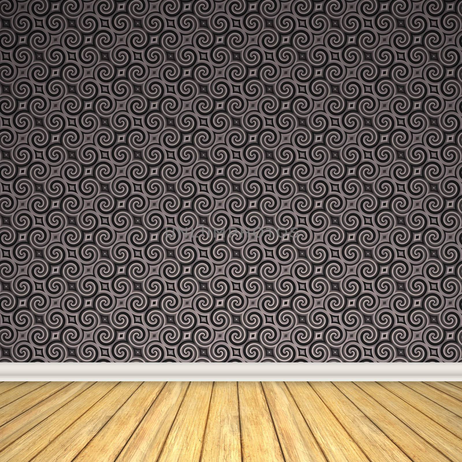 An empty room interior backdrop with hard wood flooring and a vintage styled wallpaper pattern.