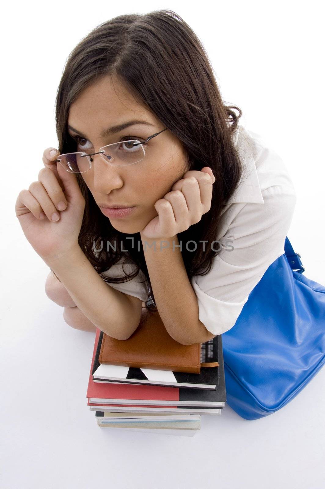 pretty female with her school bag with white background