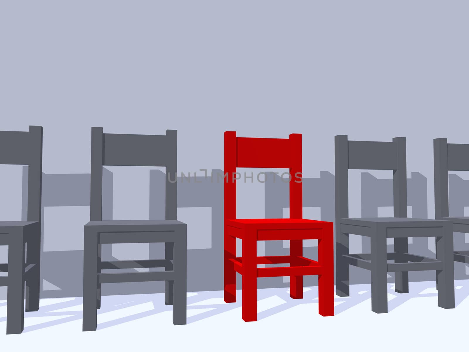 row of chairs, one in red - 3d illustration