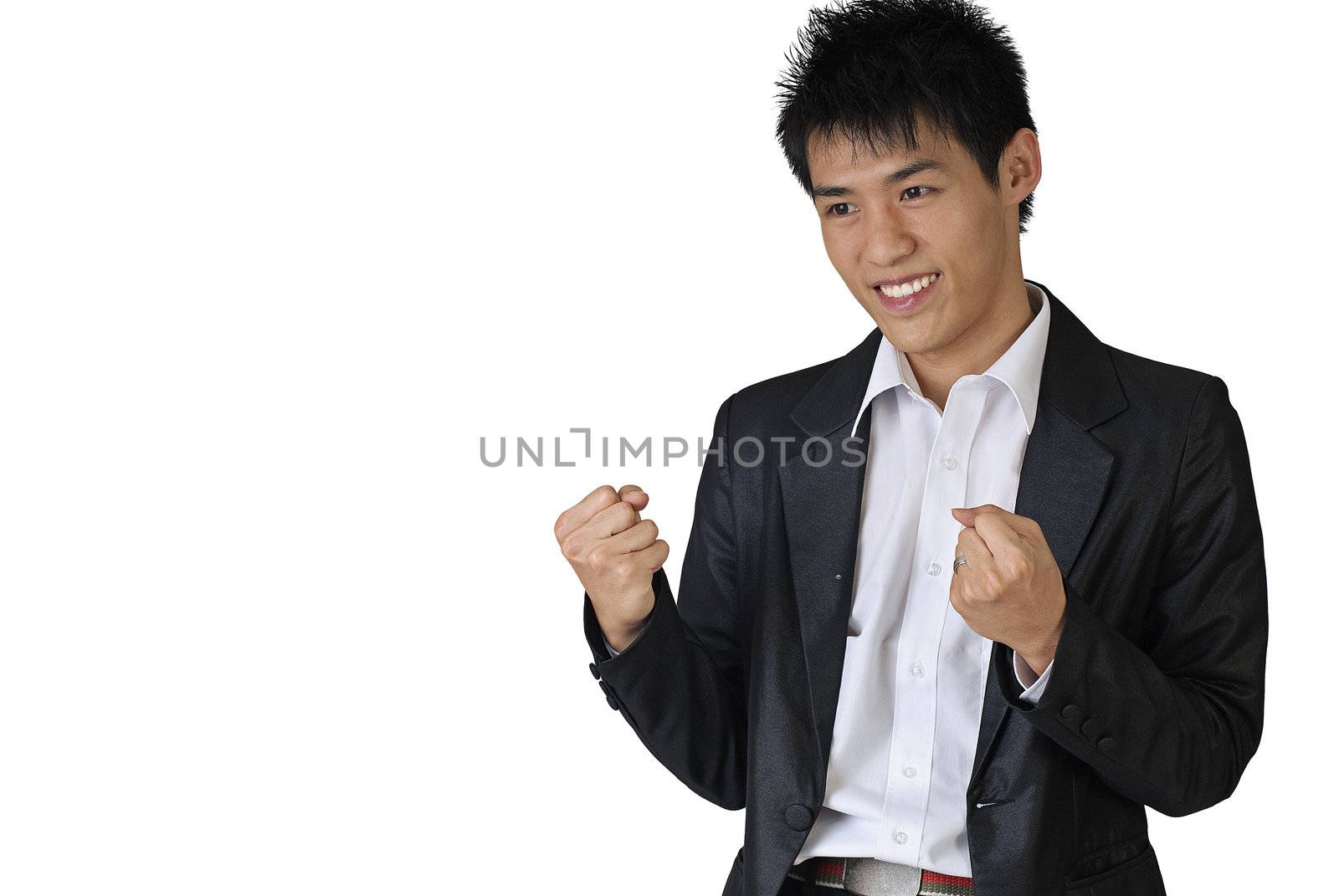 Excited young business man of Asian with copyspace on white.
