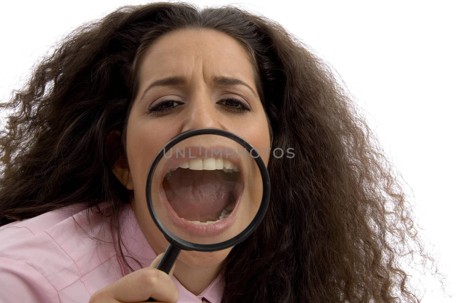 young corporate woman with magnified mouth with white background