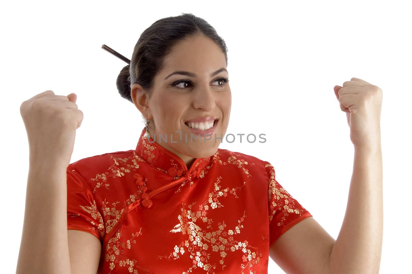 woman enjoying in success with white background
