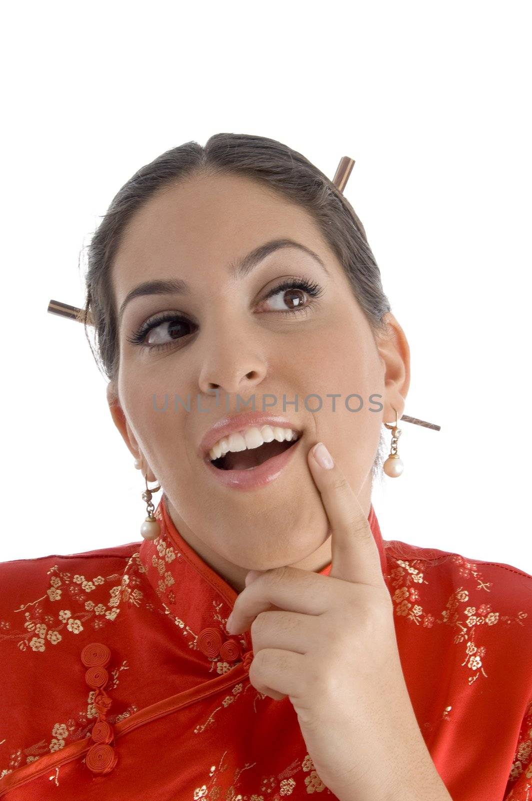 woman showing her lips against white background