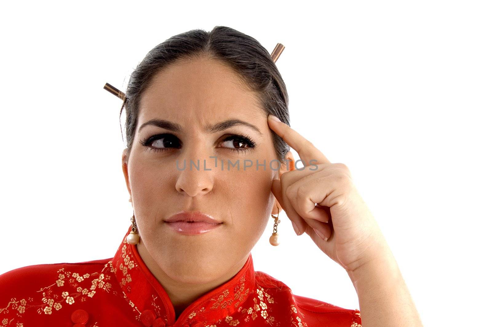 thinking pose of female on an isolated white background