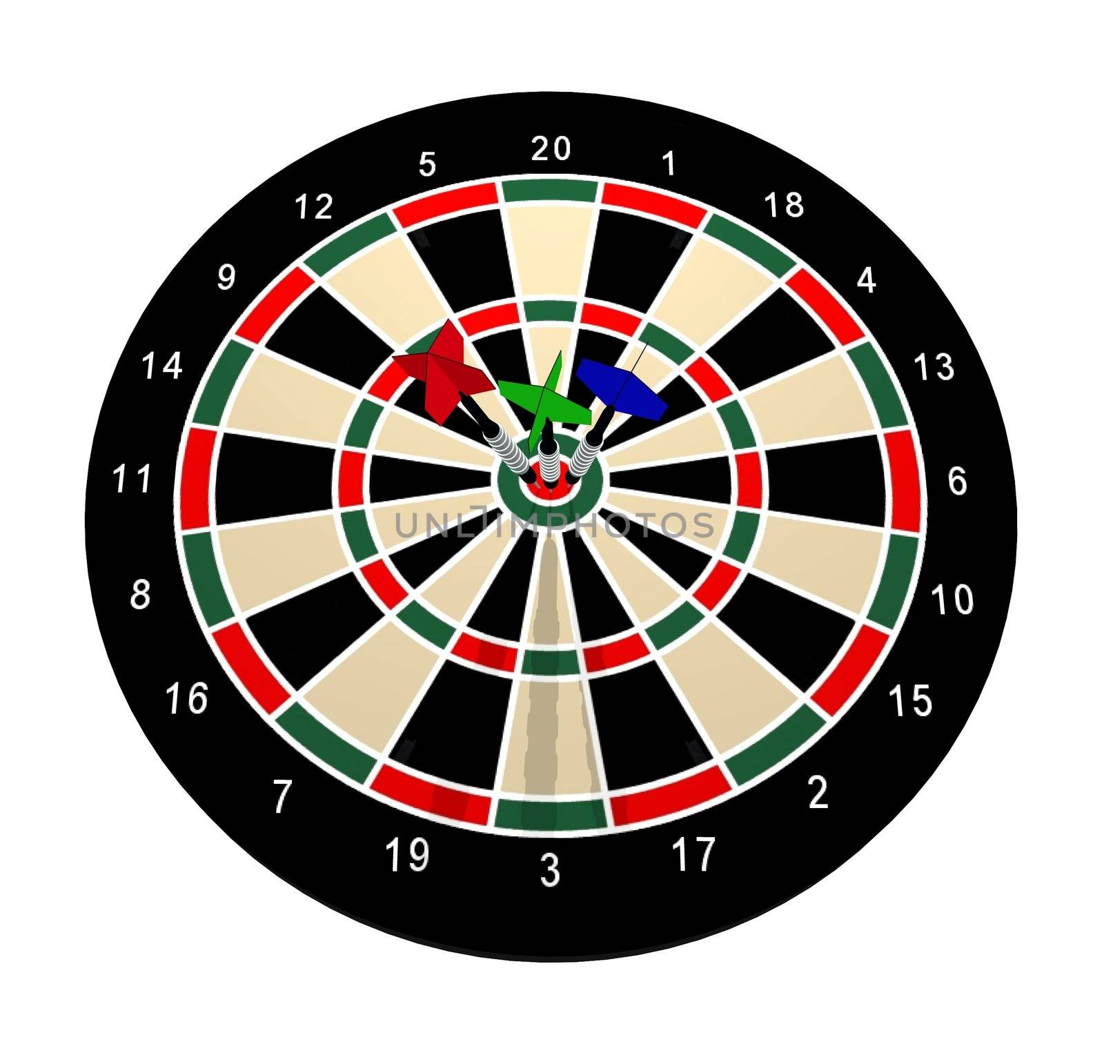 Illustrated dartboard with 3 darts in the bulls eye
