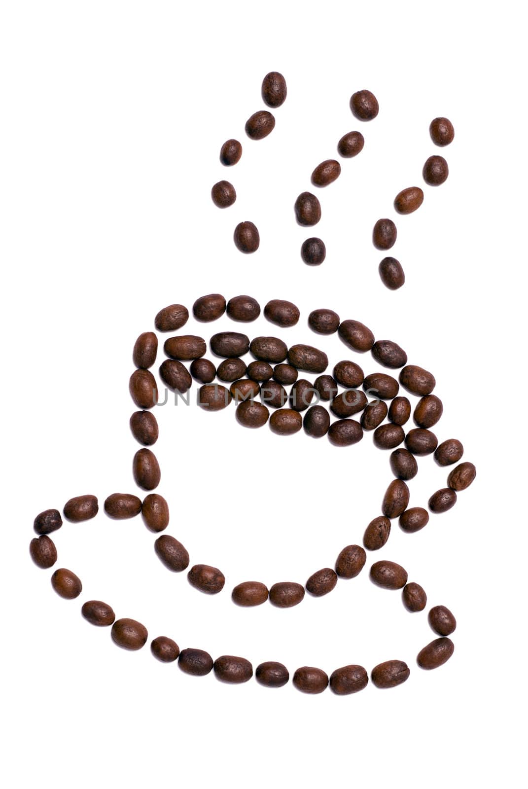 Coffee cup shape made of coffee seeds. Clipping path included.