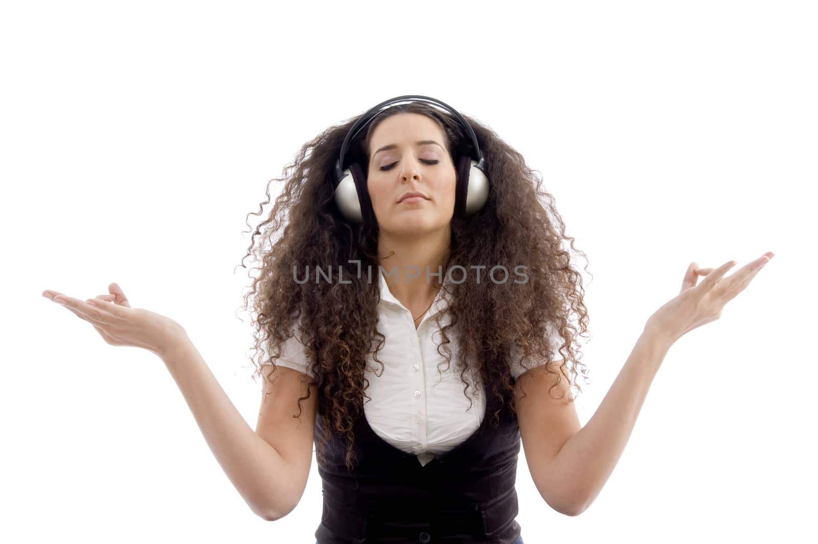 latin american female enjoying music on an isolated white background