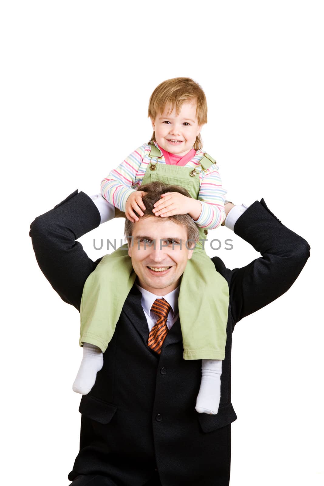 small girl on the hands of father businessman