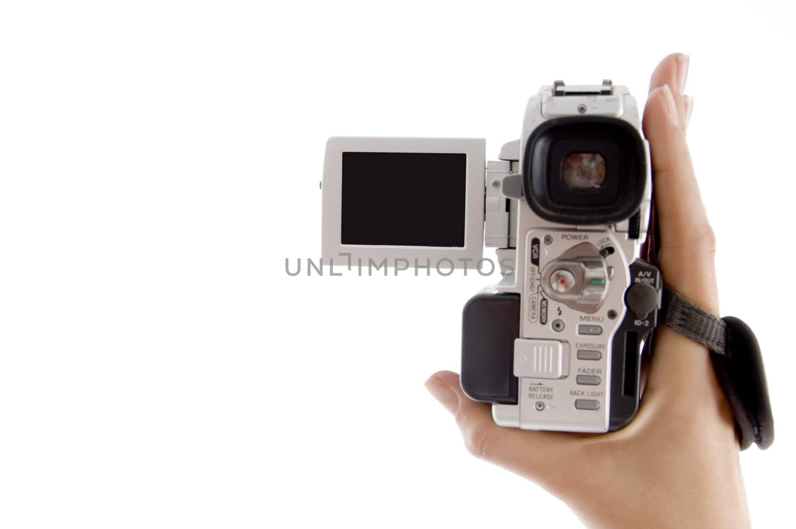 close up view of handy cam on an isolated white background