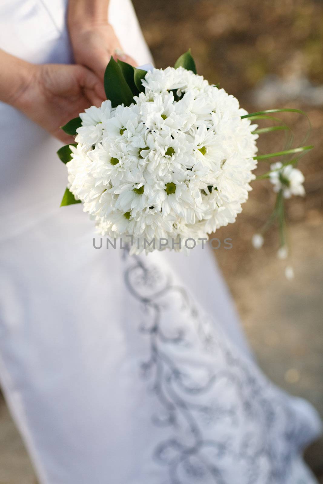 bouquet with camomiles in the hands of the bride