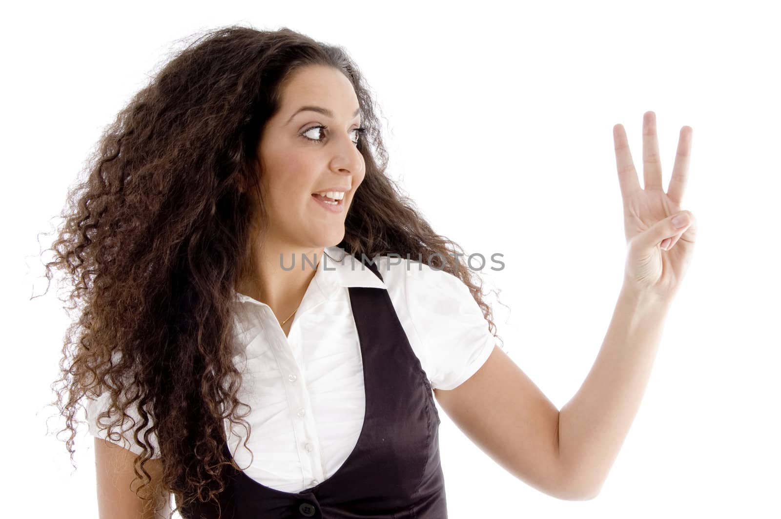 beautiful woman counting three number with fingers on an isolated white background