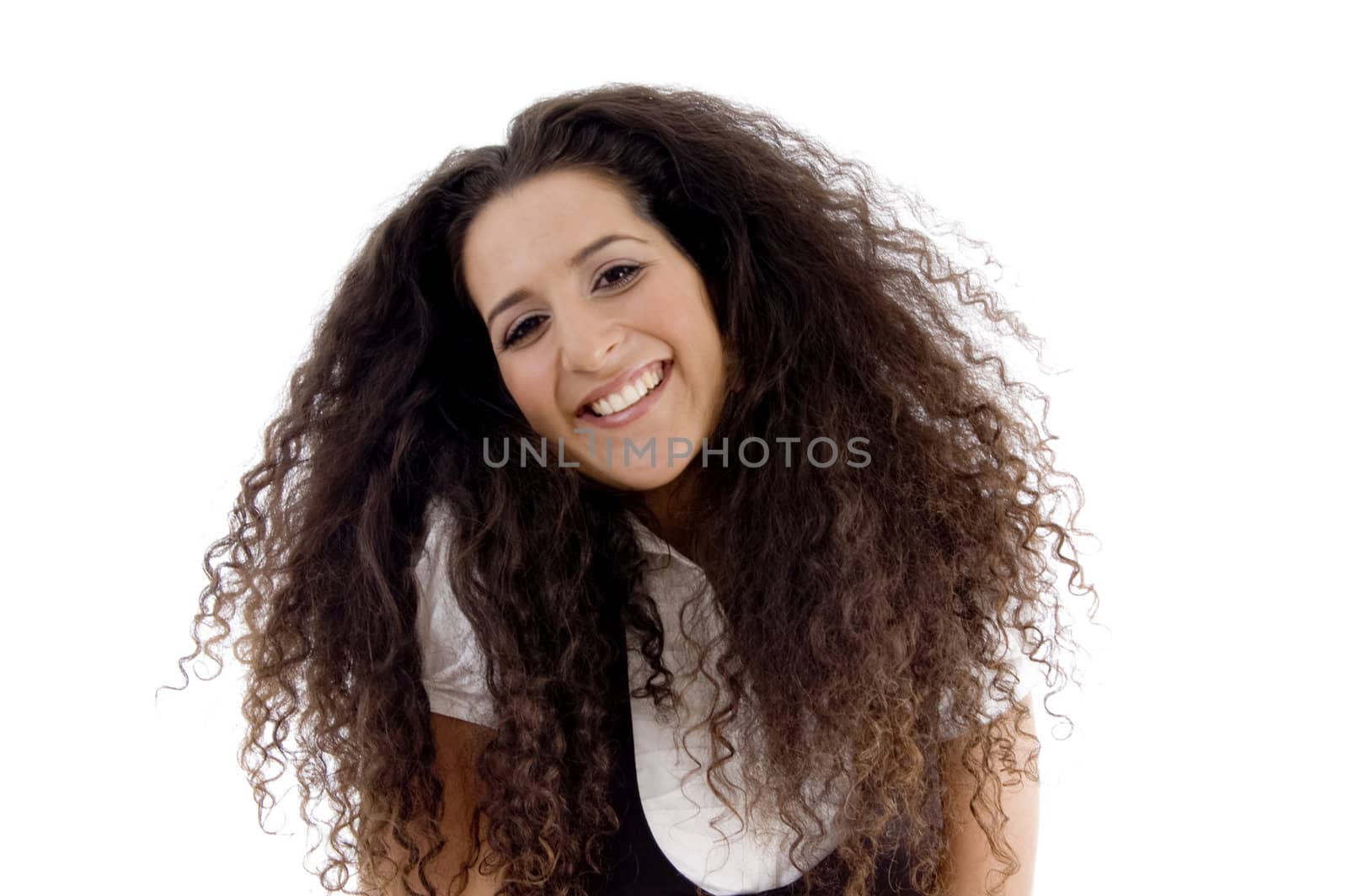 hispanic female posing with curly hairs with white background