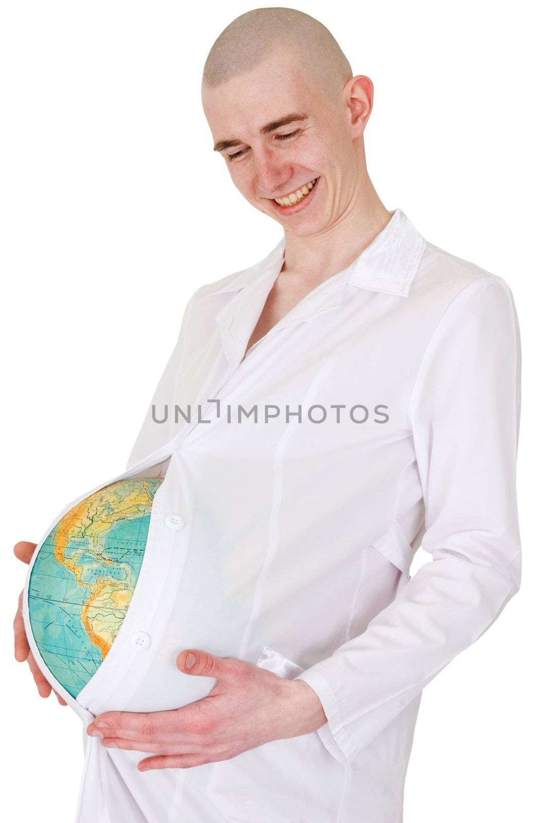 Terrestrial globe and man in doctor's smock on the white background