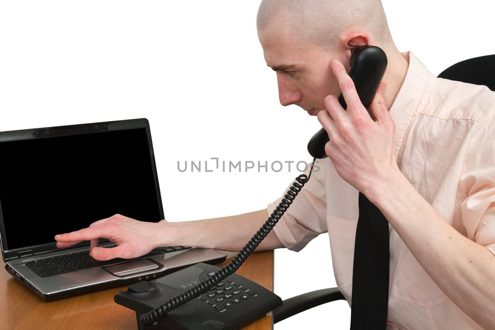 Young man calls up on the white background