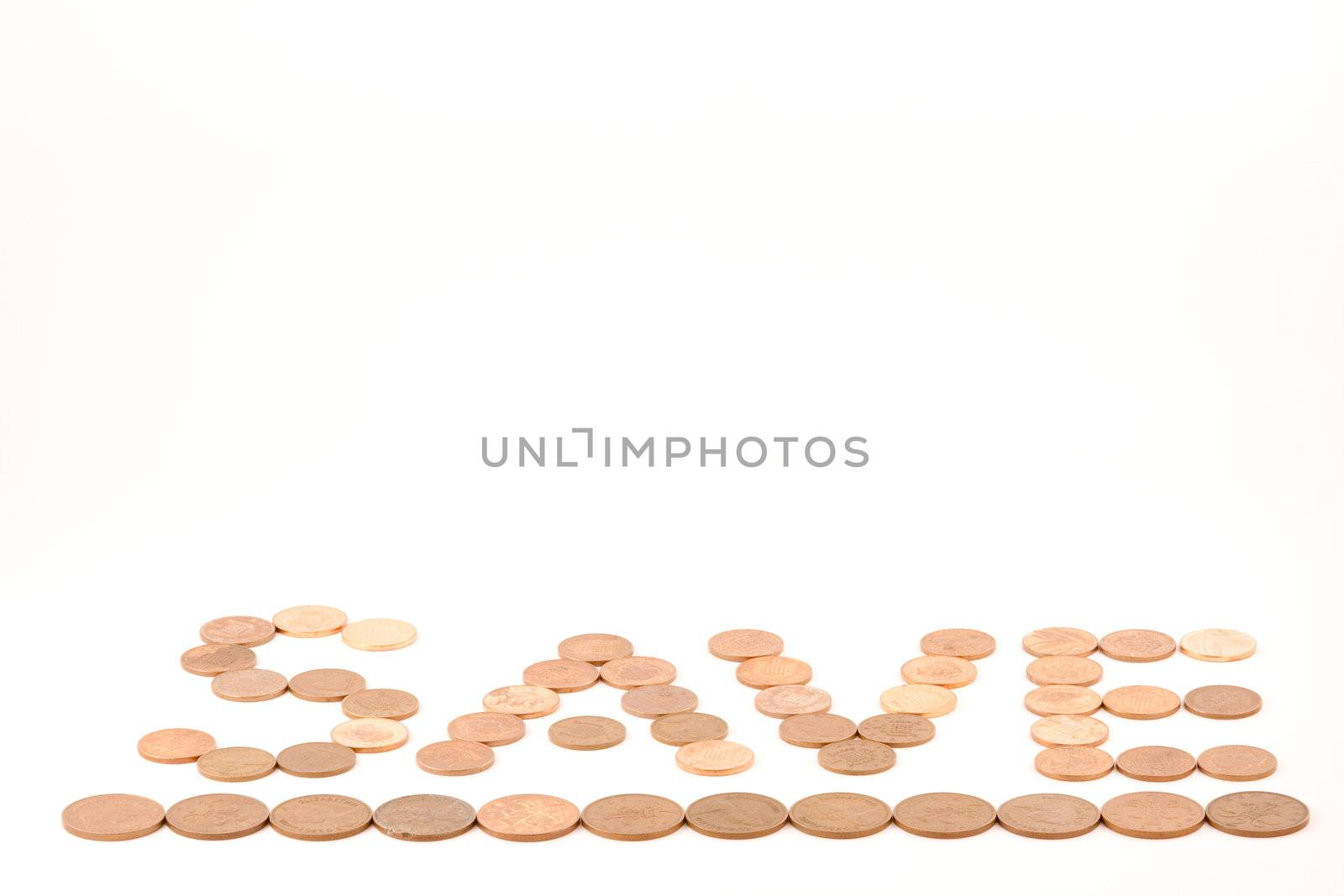 Pennies make the word save, underlined by twos.