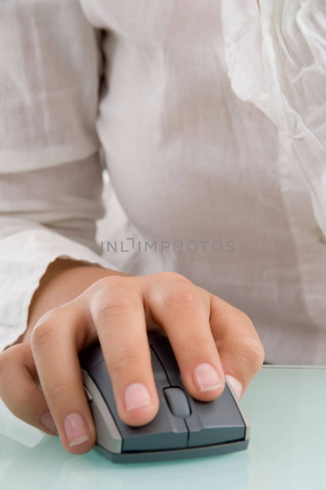 mouse in female's hand against white background