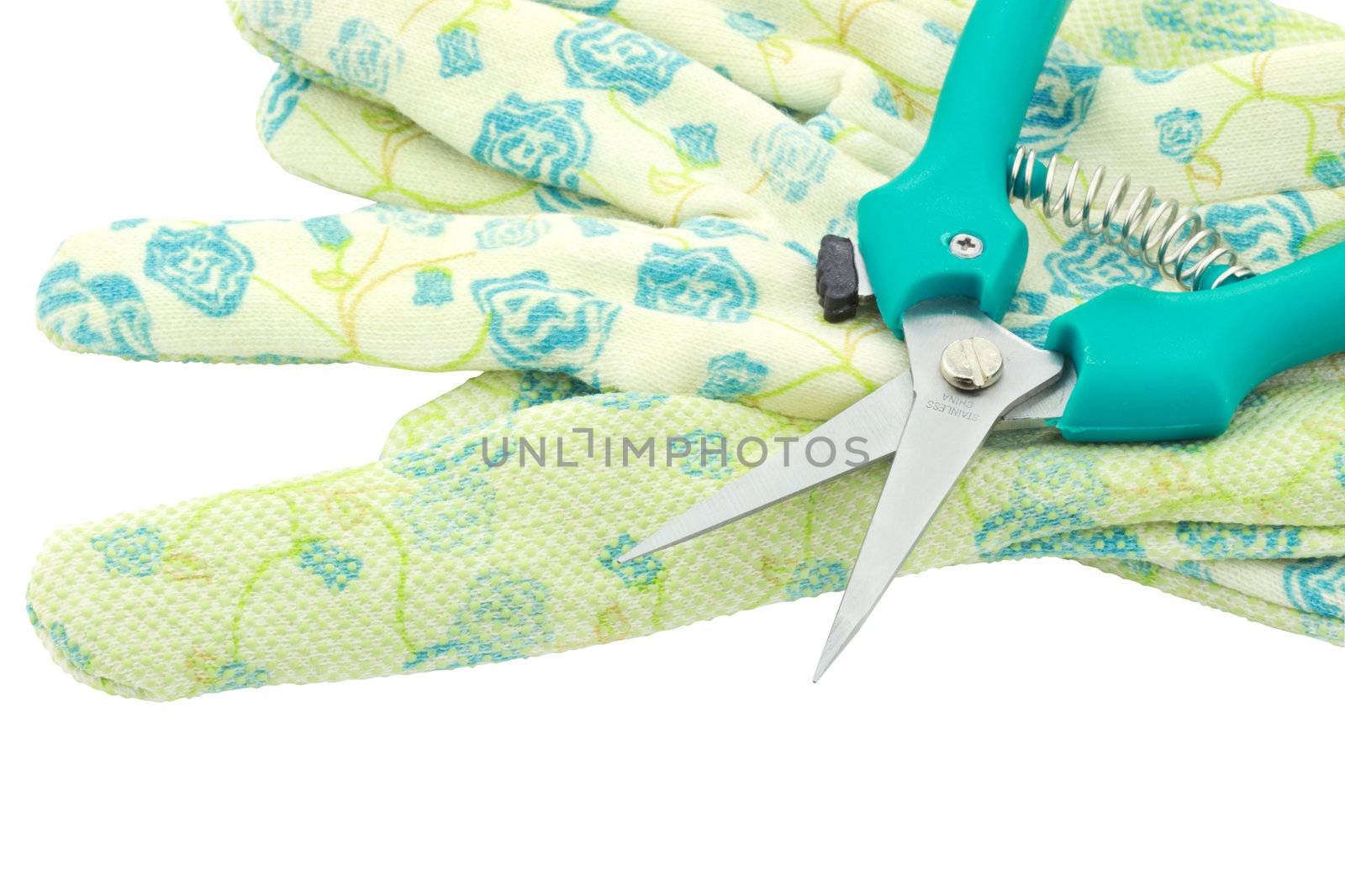 Garden shears and gloves isolated on white. Clipping path included.