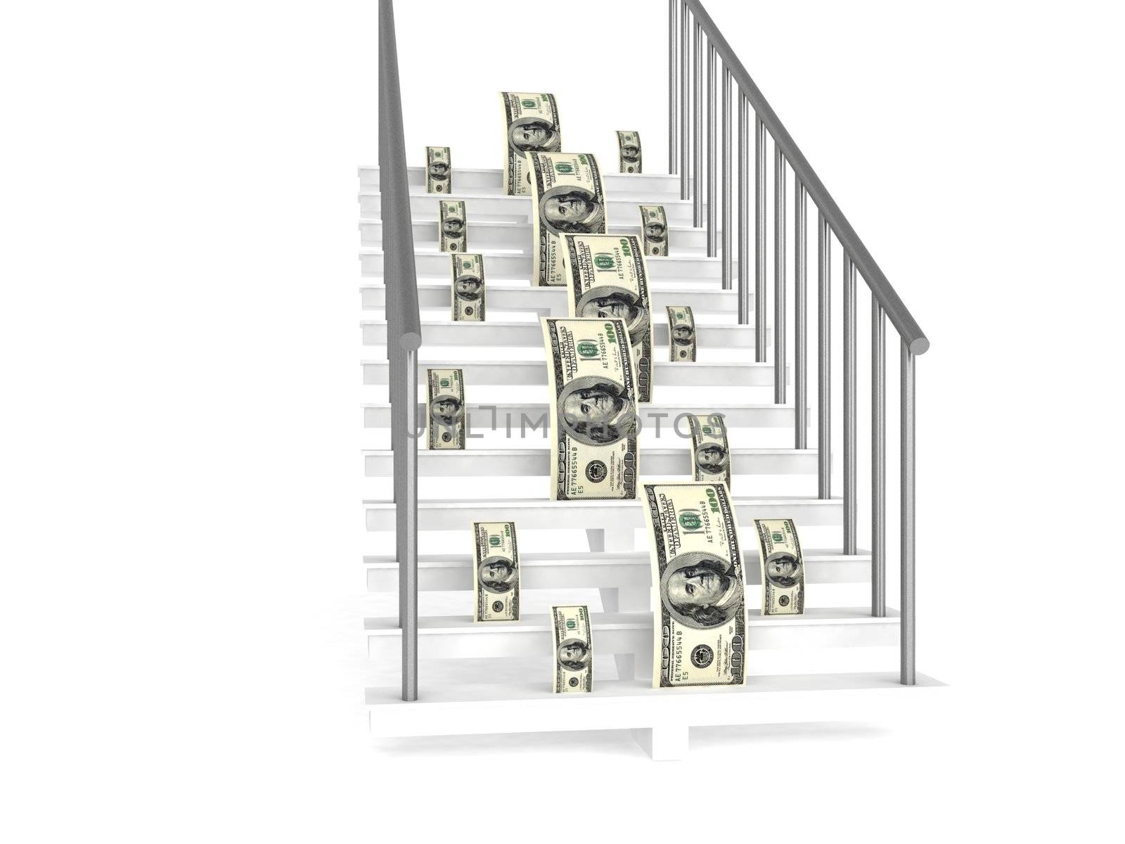 three dimensional dollars on stairs with white background