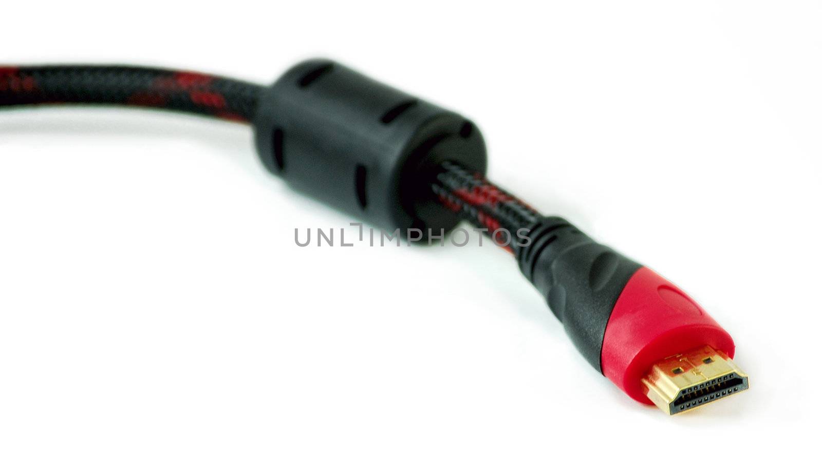 Detail of Premium HDMI cable with ferrite core isolated on white background