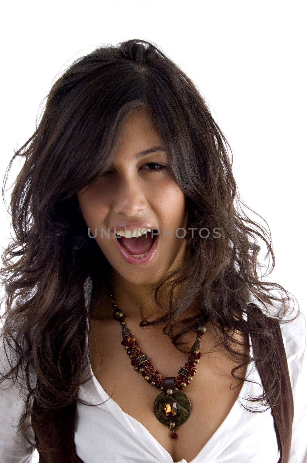 close up of sexy young teen against white background