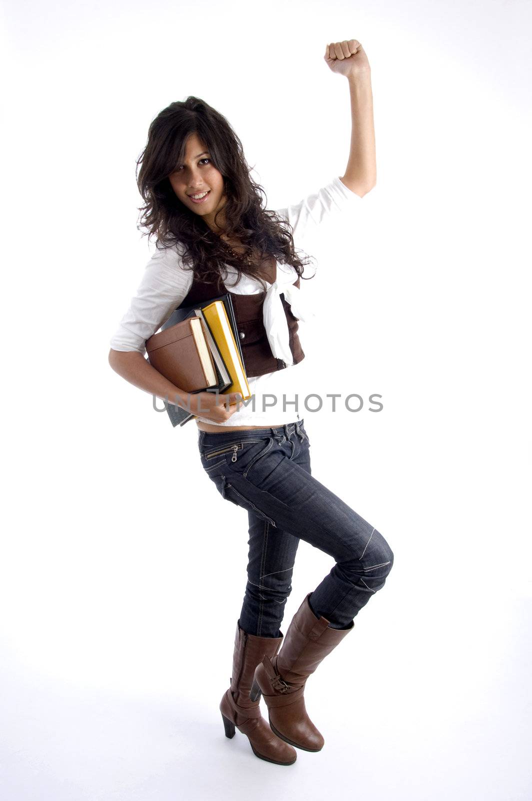 full body pose of smart young student against white background