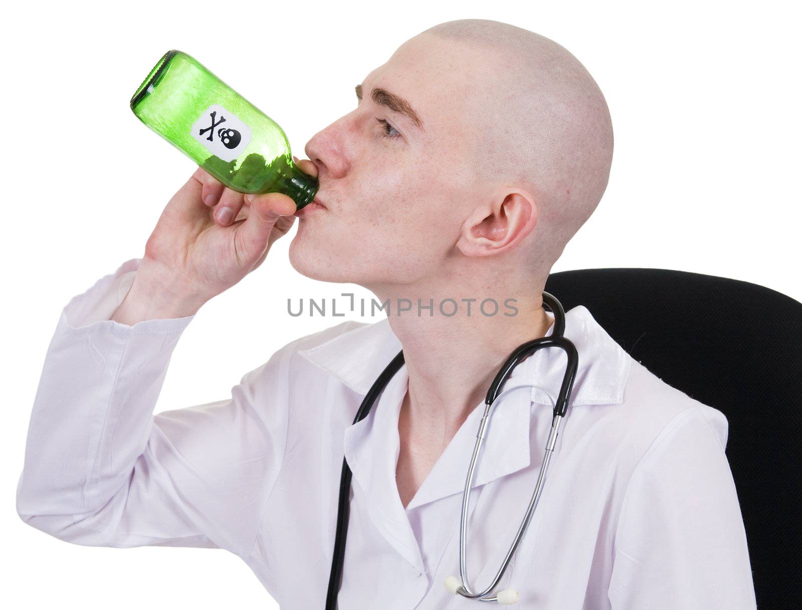 Man in doctor's smock with green bottle in hand with sticker scull and crossbones