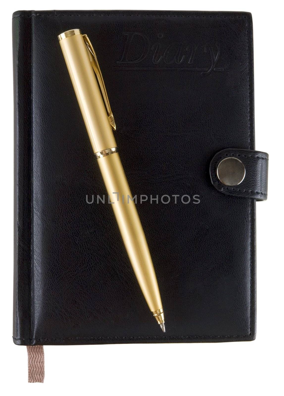 Black diary and golden ball-point pen on the white background