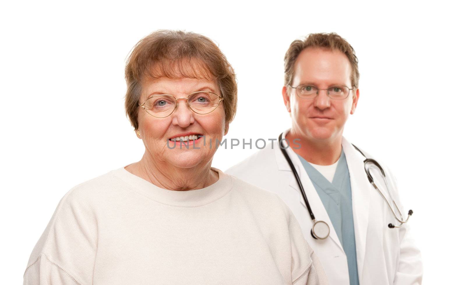 Smiling Senior Woman with Male Doctor Behind Isolated on a White Background.
