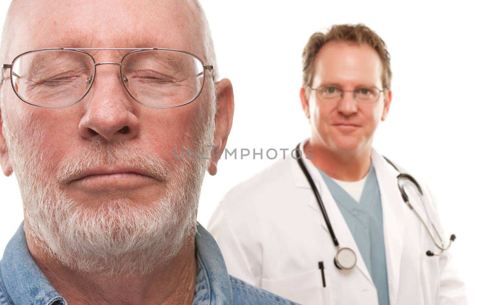 Concerned Senior Man with Male Doctor Behind Isolated on a White Background.