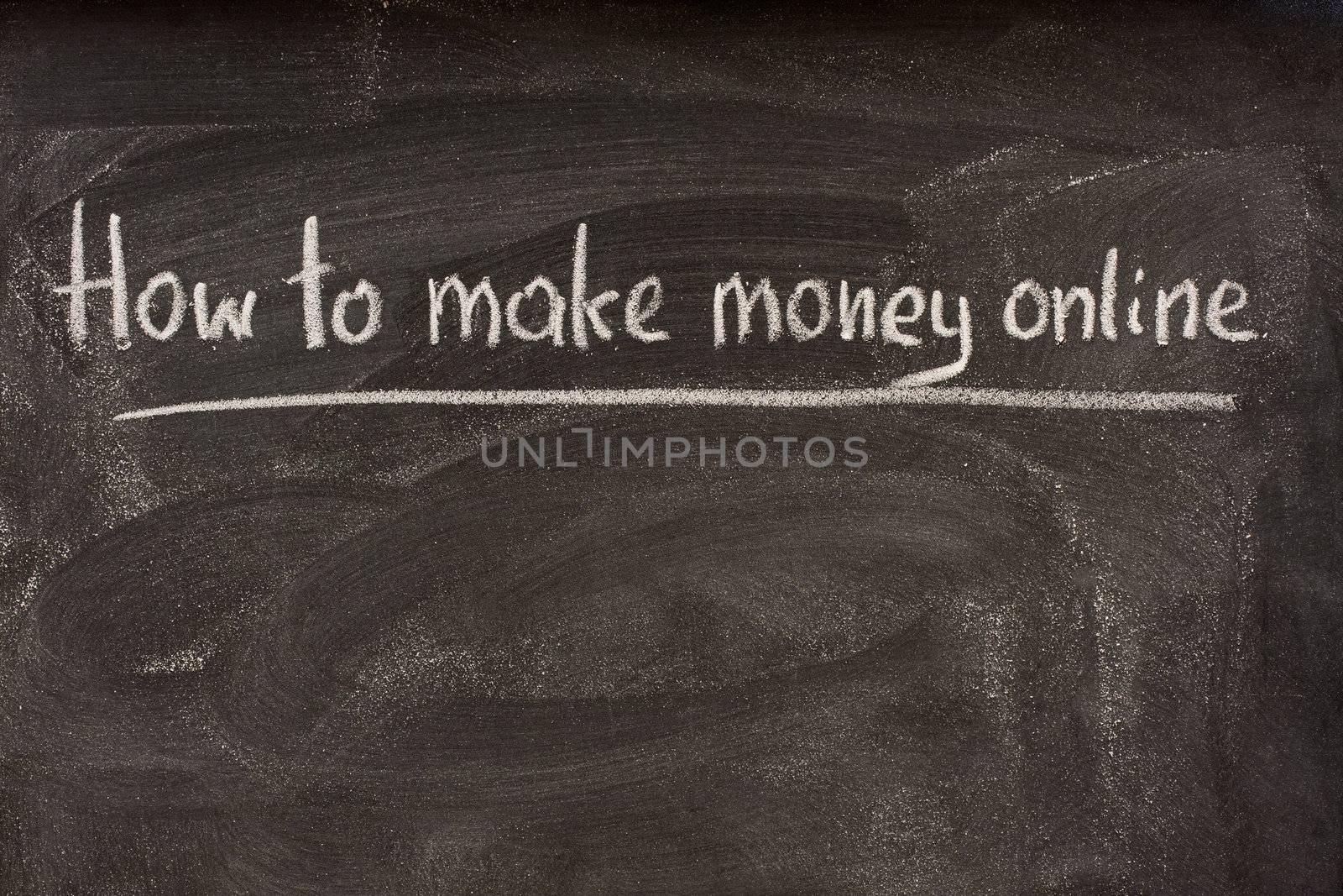 How to make money online as title of lecture or seminar, handwritten with white chalk on blackboard