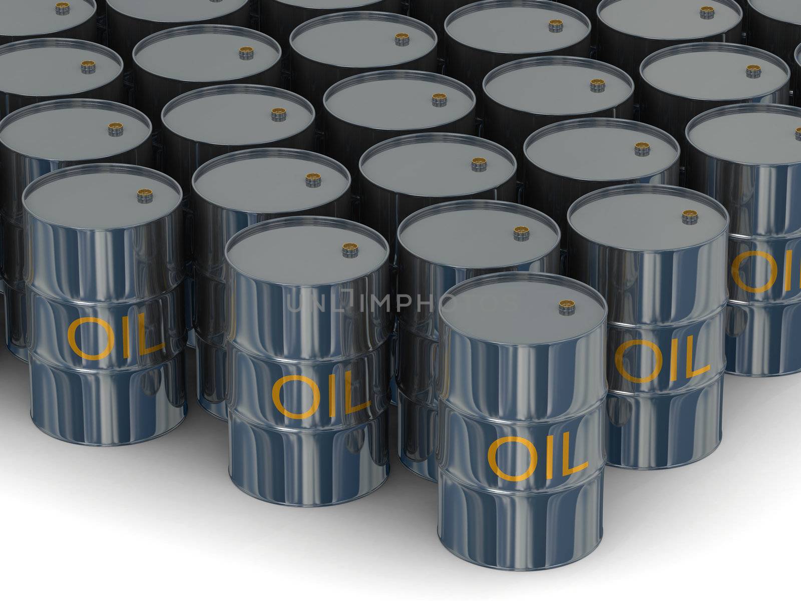 Warehouse of kegs with oil. 3D image