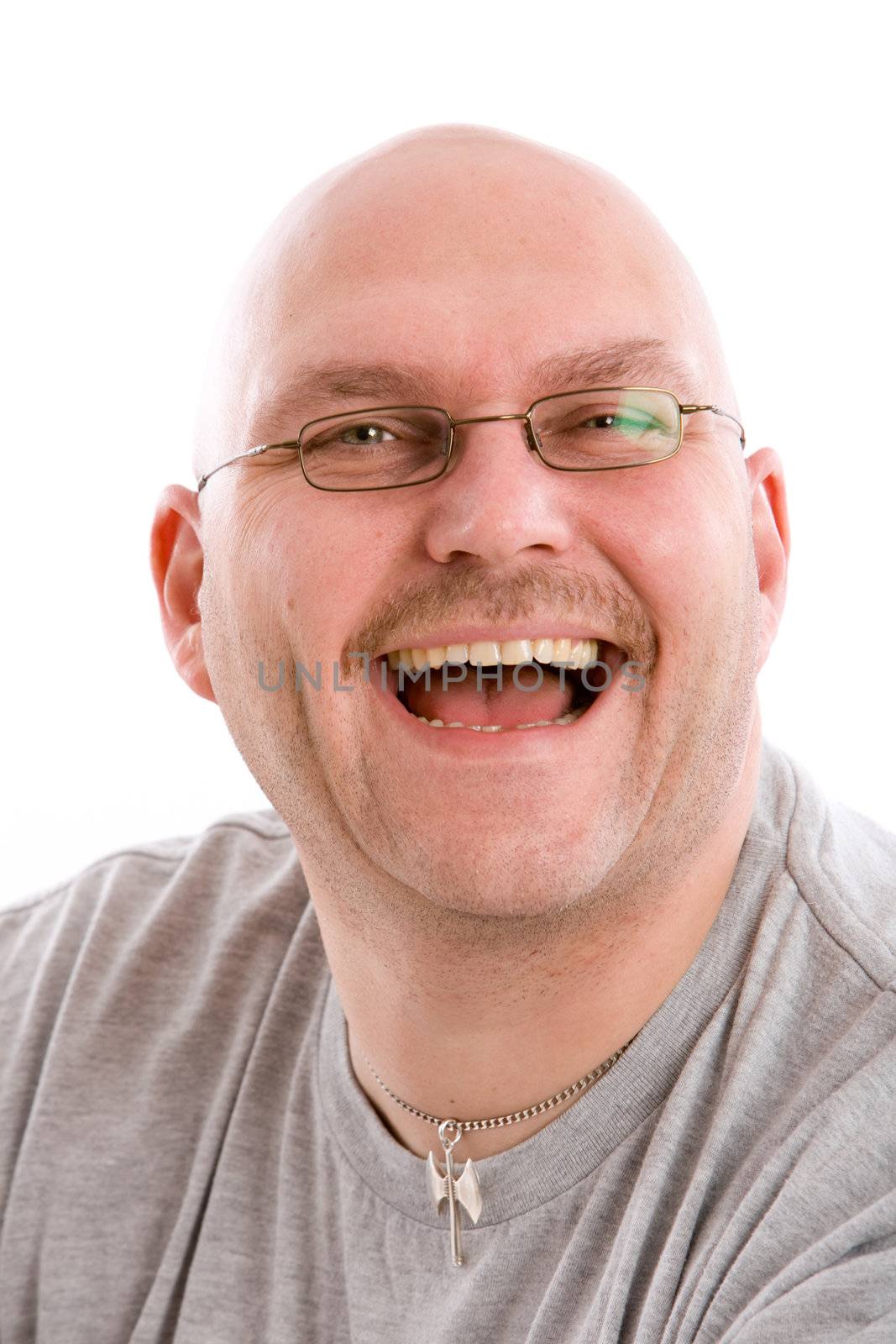 Mature bald man with a very fake laugh