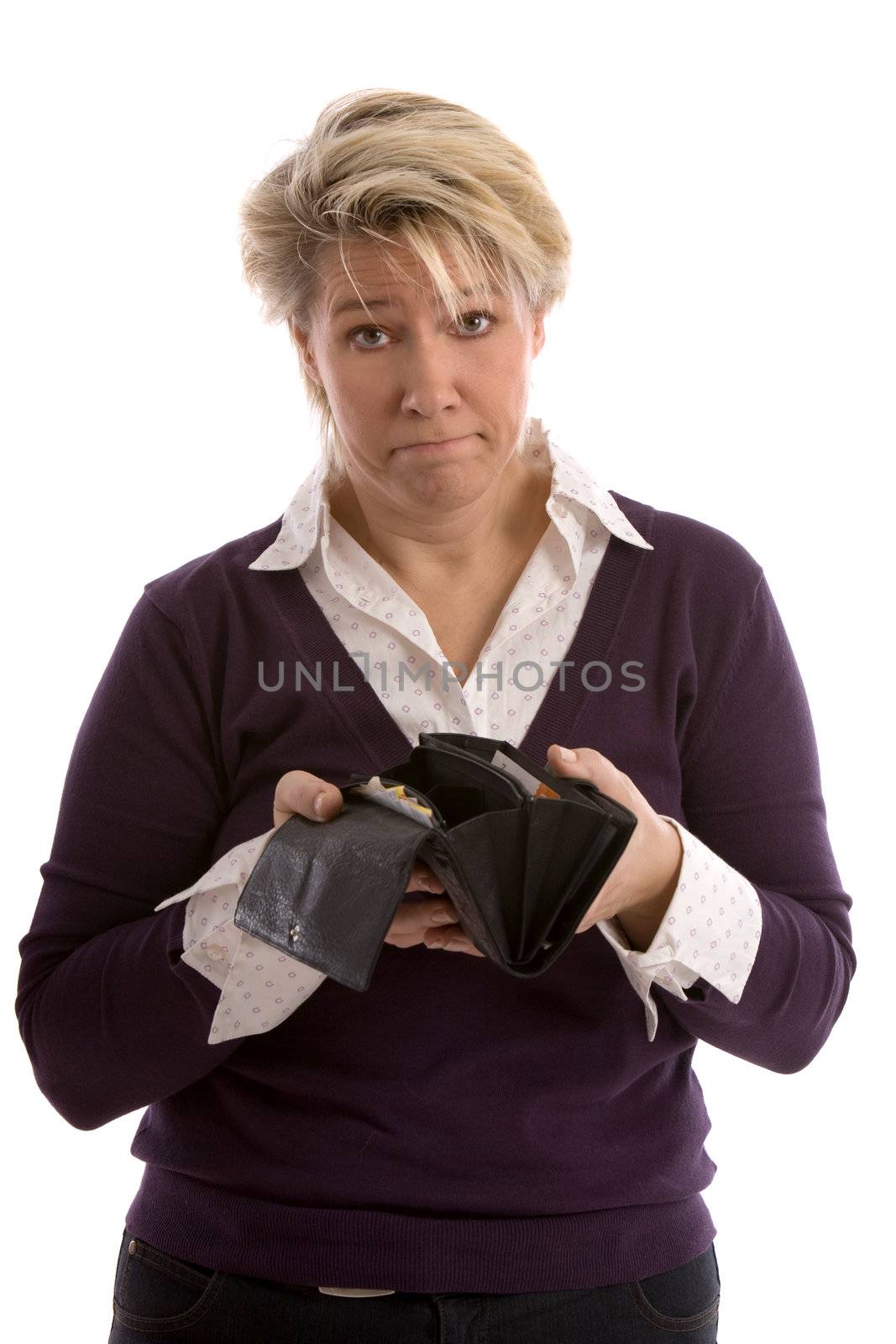 Woman holding her wallet open which is only showing receipt but no money