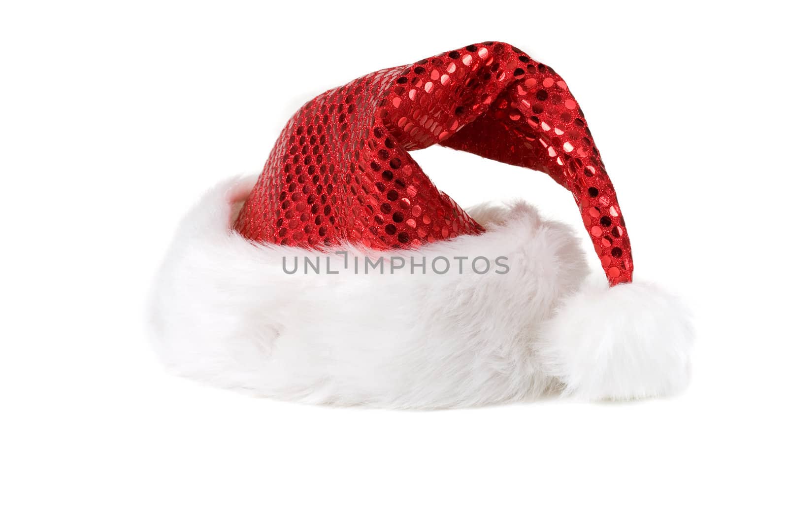Pretty santa hat with glittering red top on white background