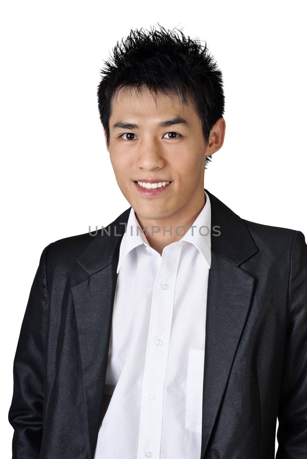 Asian businessman portrait with smiling face on white background.
