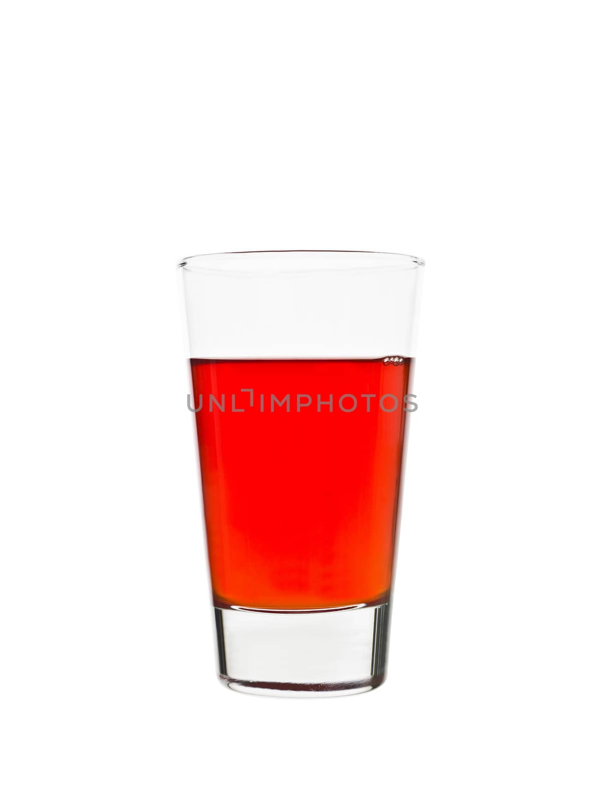 Half full glass of red lemonade isolated on white background