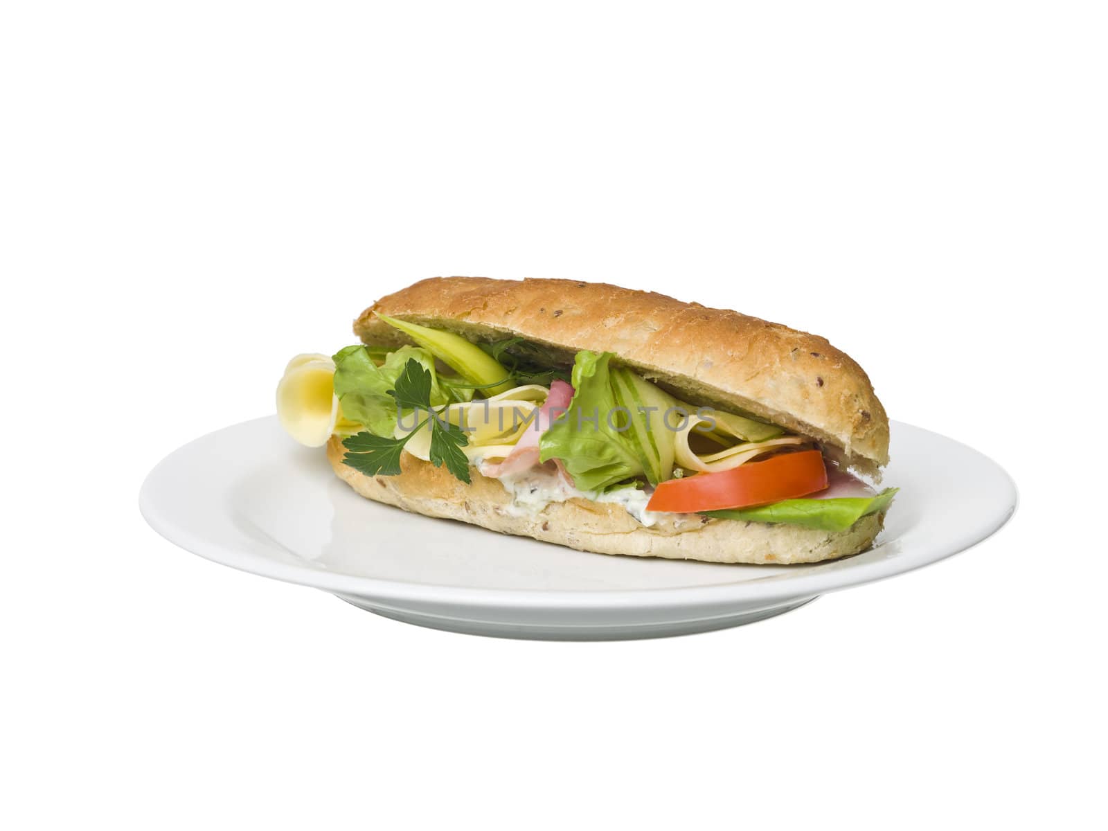 Footlong sandwich on a plate isolated on white background