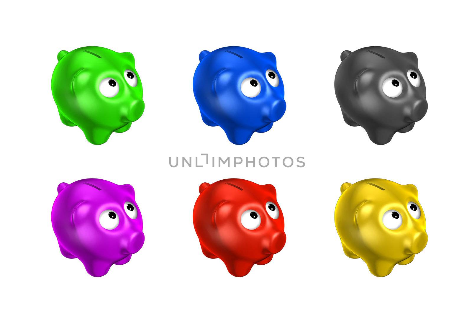 An image of six different colored pig