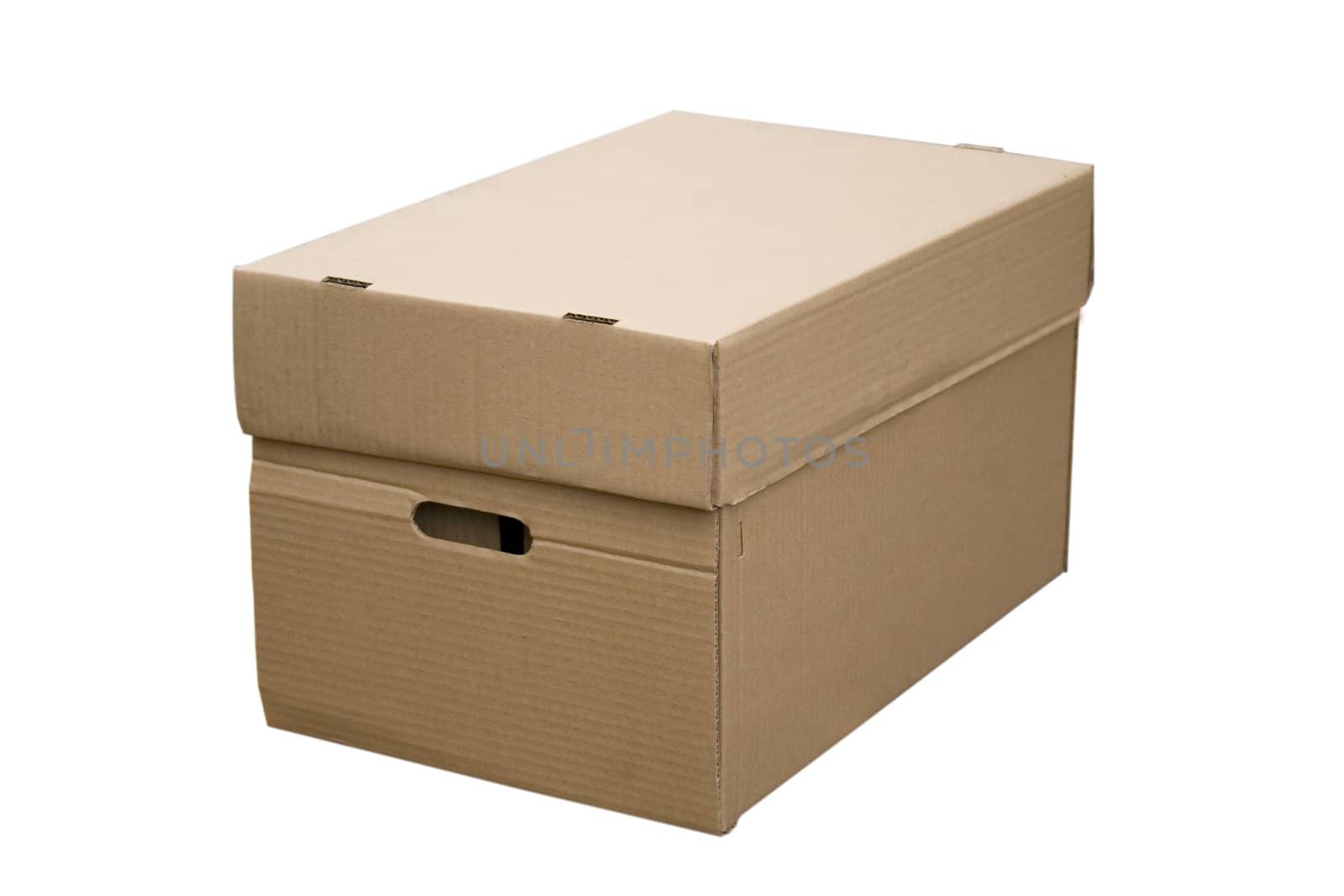 front view of closed cardboard box on white background