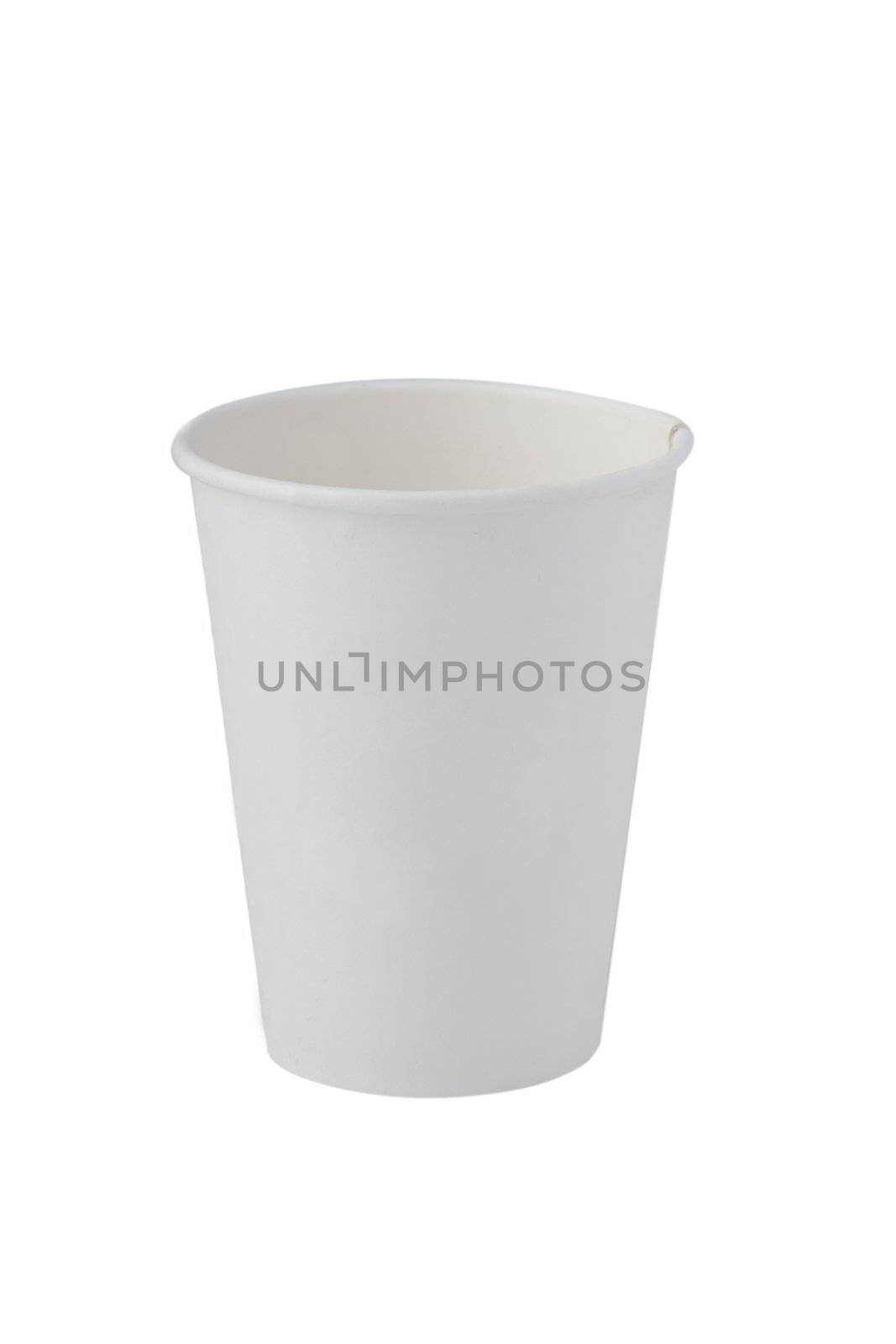 front view of red recycling paper glass on white background