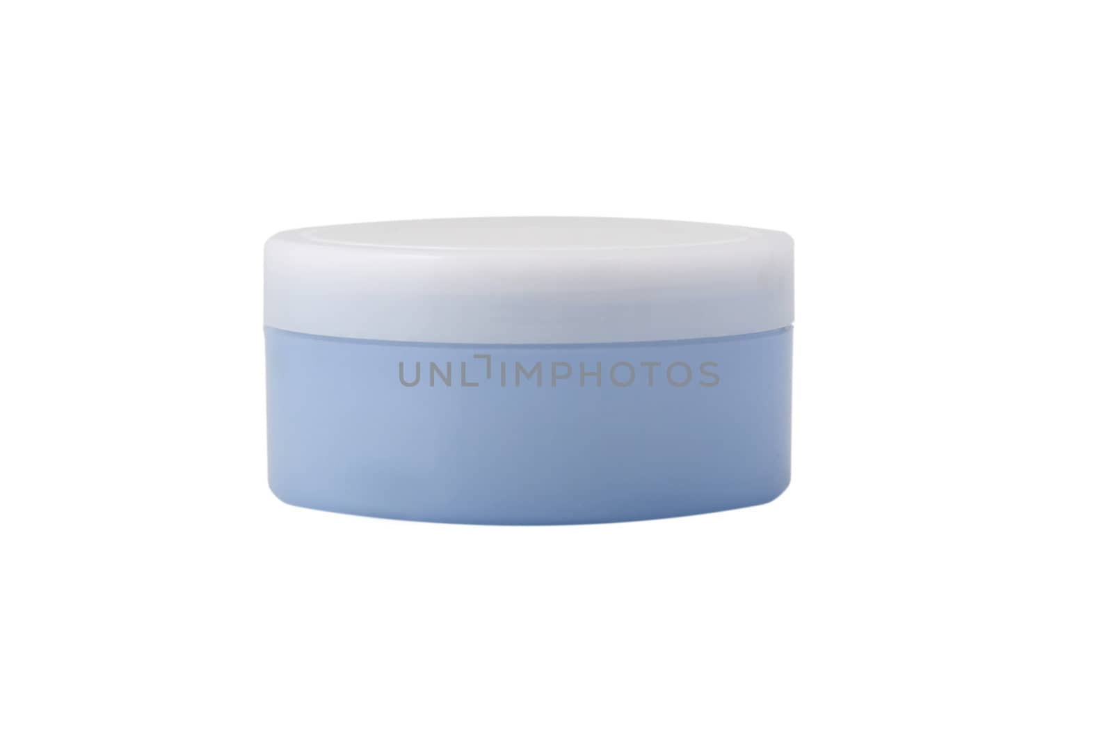 front view of blue cream bottle on white background