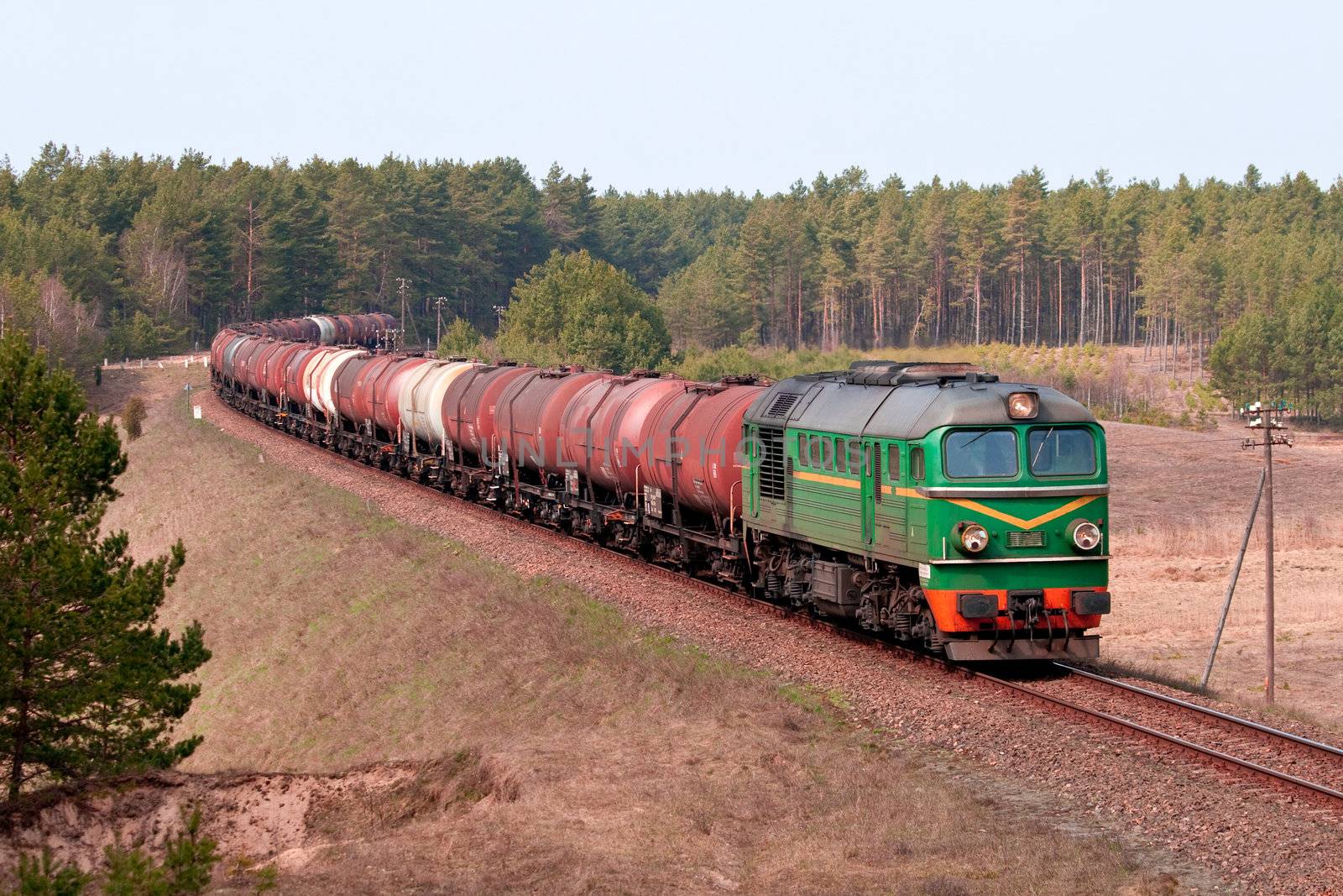 Freight train with fuel passing the woods
