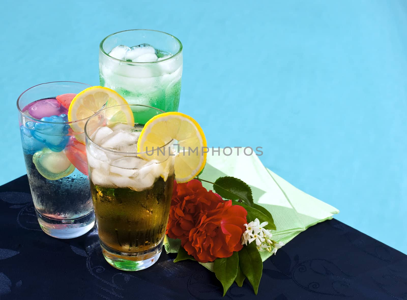 Iced drinks placed on board a private pool.