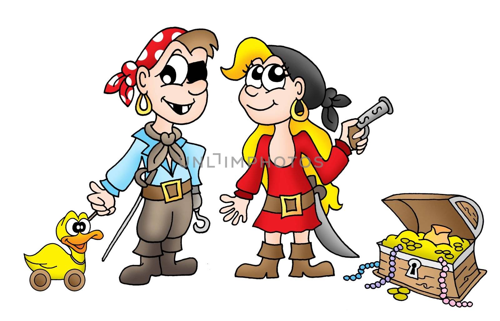 Pirate kids with duck and treasure - color illustration.