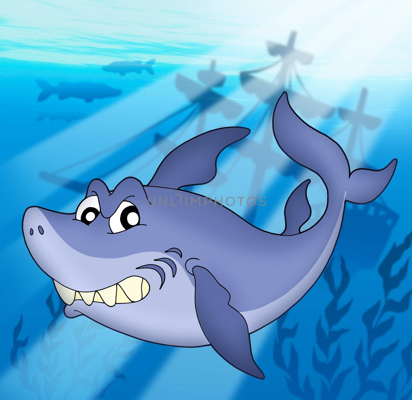 Shark with shipwreck - color illustration.