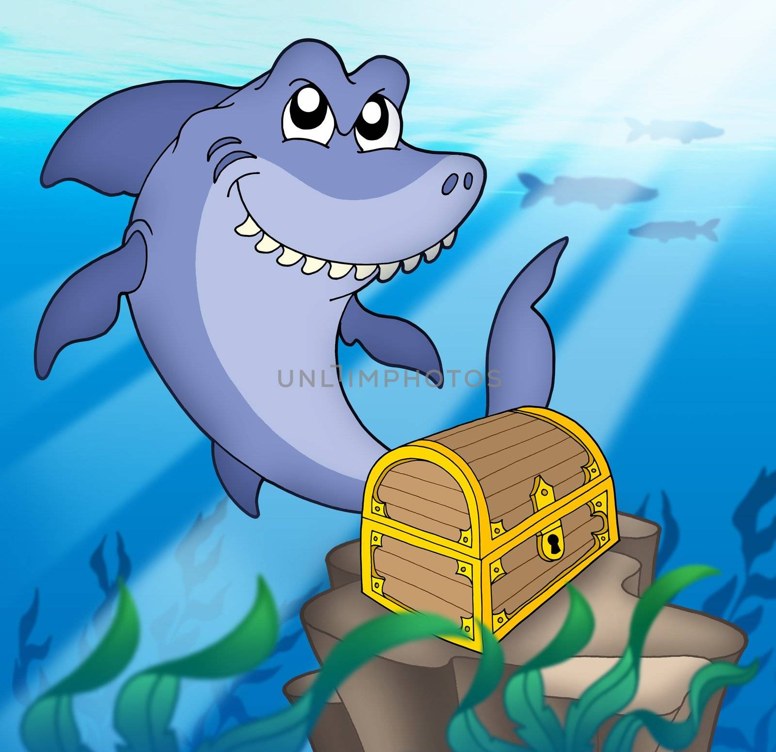 Shark with tresure chest - color illustration.