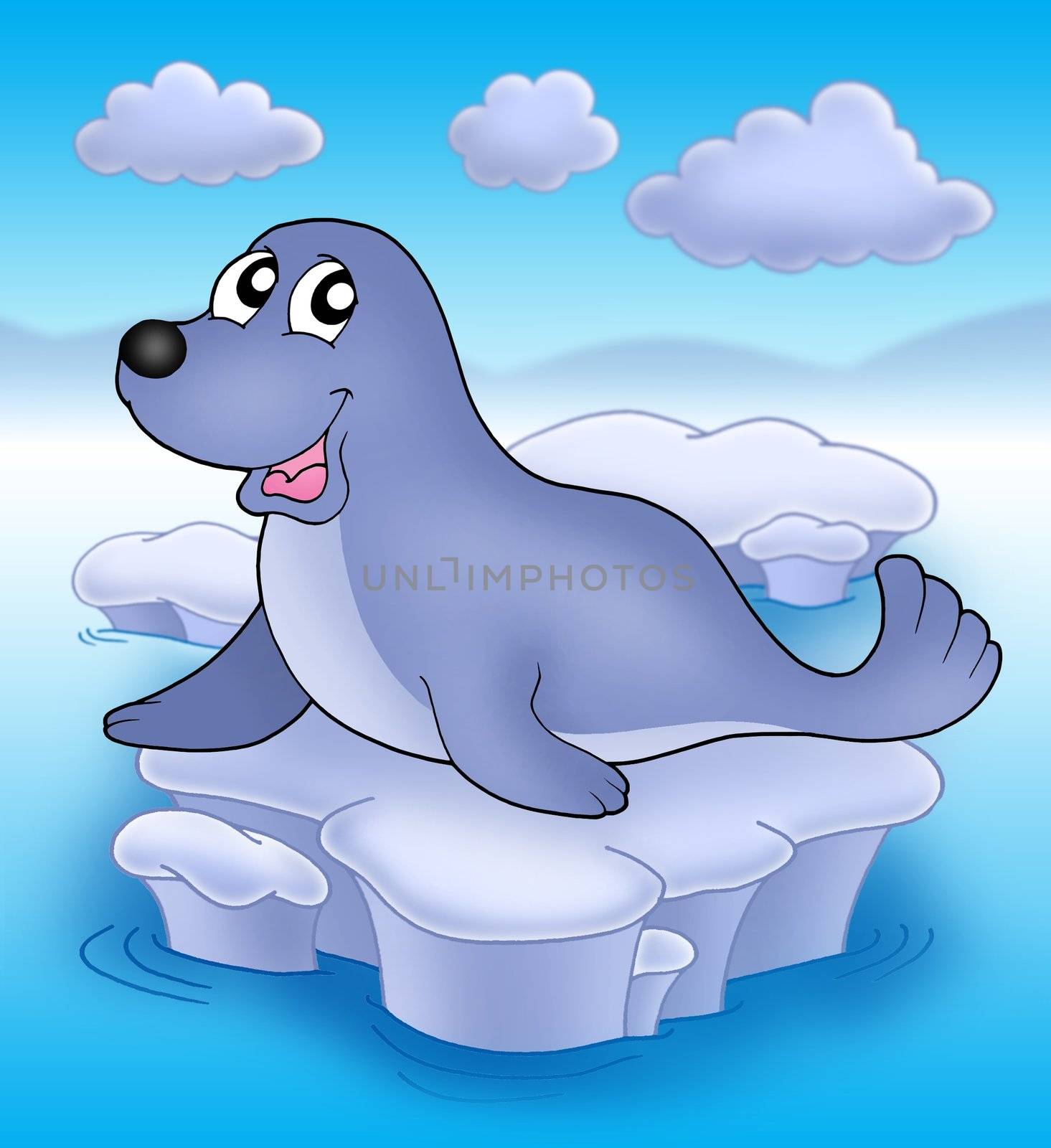 Cute seal on iceberg - color illustration.